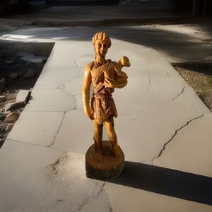 VTG Omar Bakri Live Edge Wood Hand Carved Detail Shepard Boy W/Lamb Statue